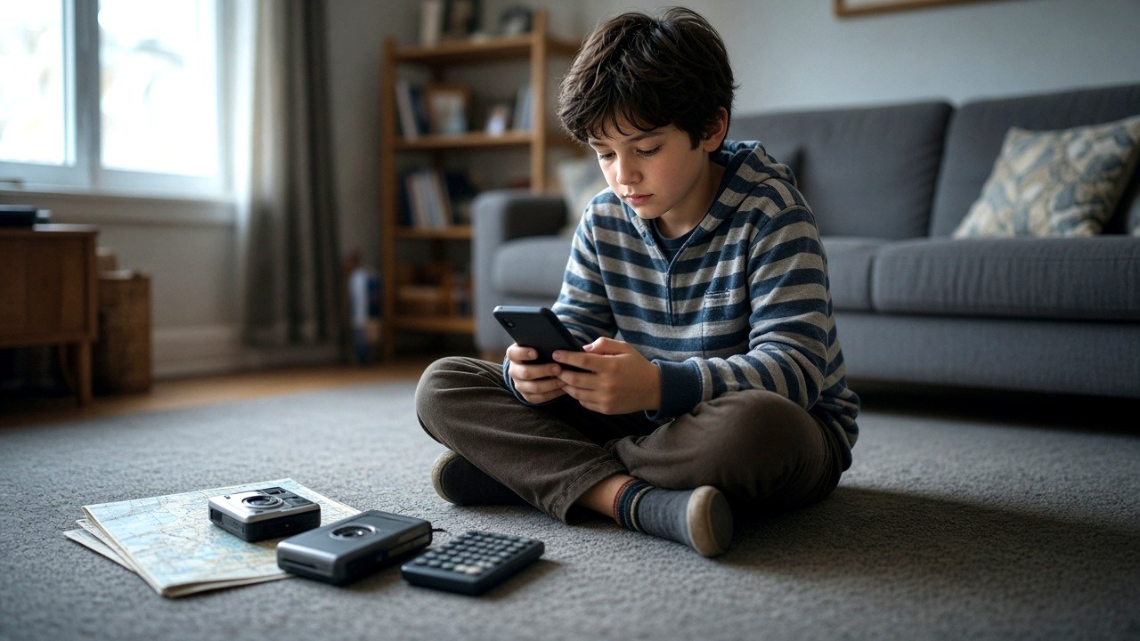 Child with a phone beside older separate gadgets, design study