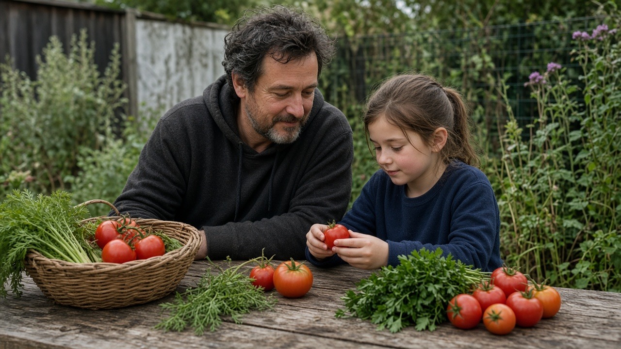 Family garden with ripe produce, design study