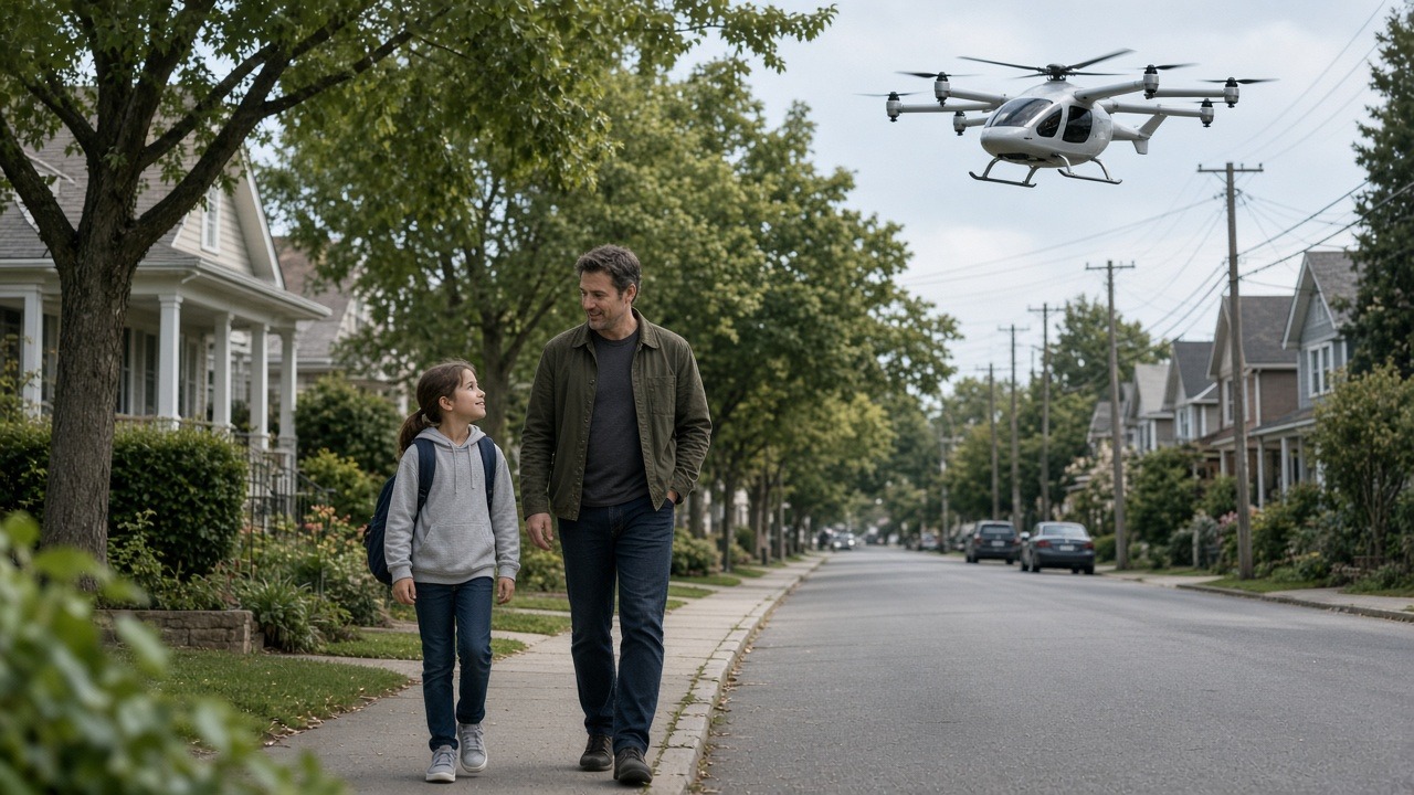 Family outdoors with a pale eVTOL overhead, design study