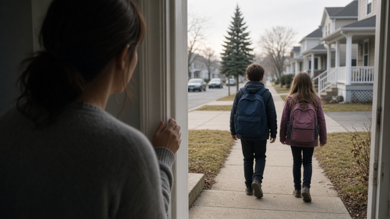 Parent in a doorway watching kids walk to school, design study