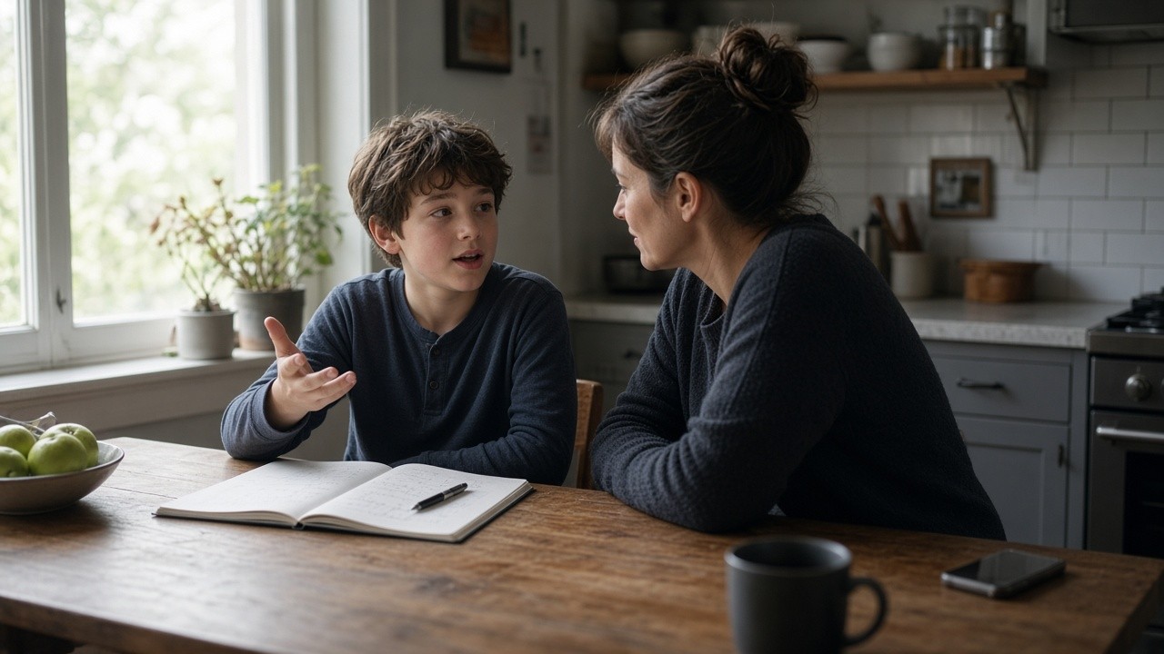 Parent and child at a kitchen table as the child explains from a notebook, design study